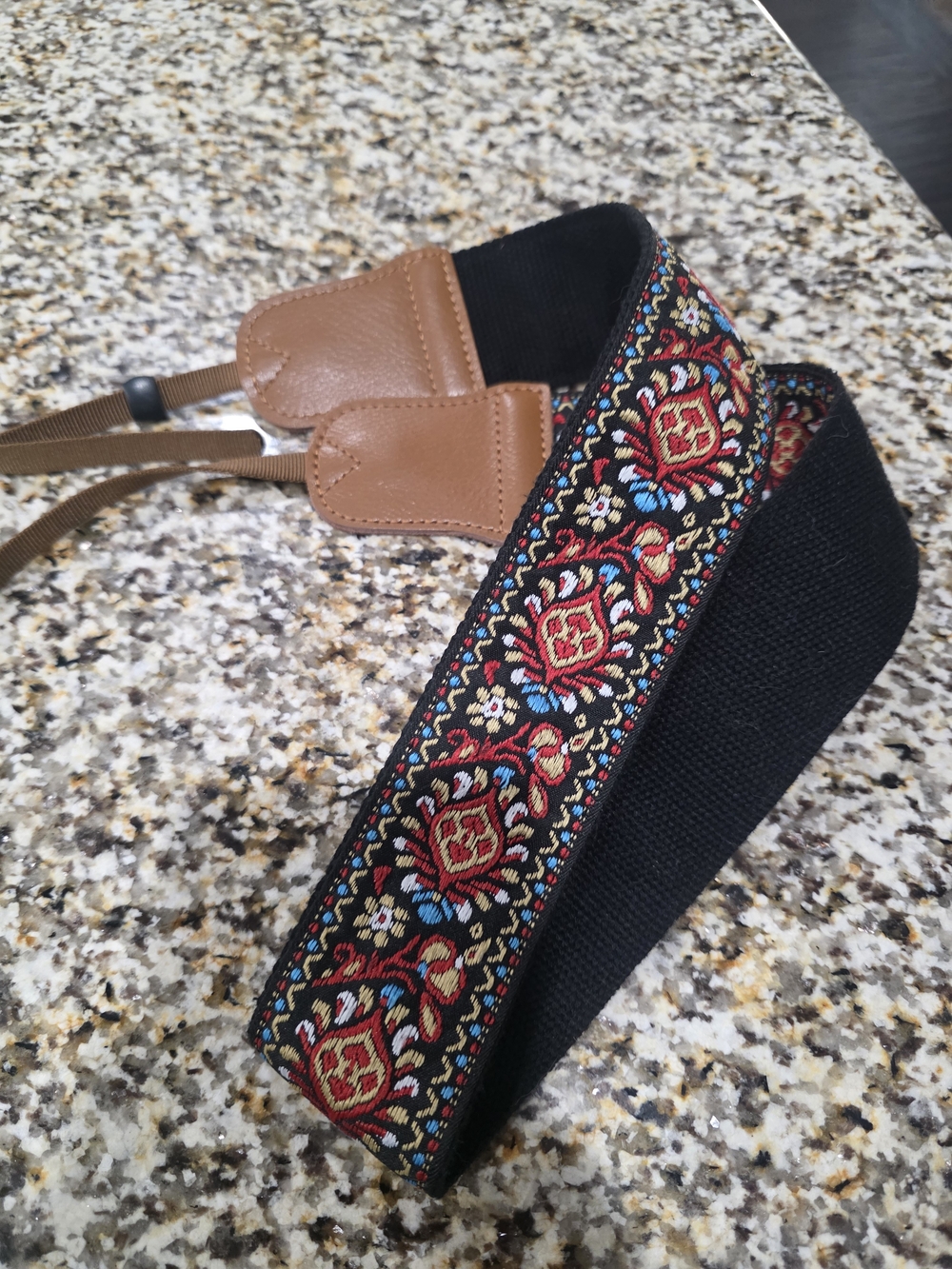 Black Embroidered Camera Strap with Red Floral Pattern